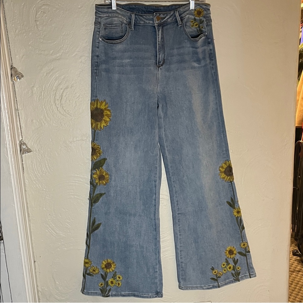 Sunflower Embroidered Wide Leg Jeans